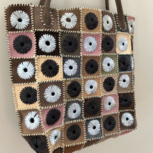 Hand Crafted Artisan Suede Patchwork Floral Embroidered Boho Zipper Tote Bag - Picture 2 of 8